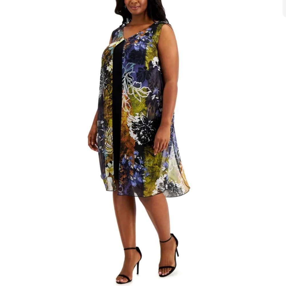Women Formal Dress Plus Size 24W CONNECTED APPAREL Black Chiffon Overlay Sheath